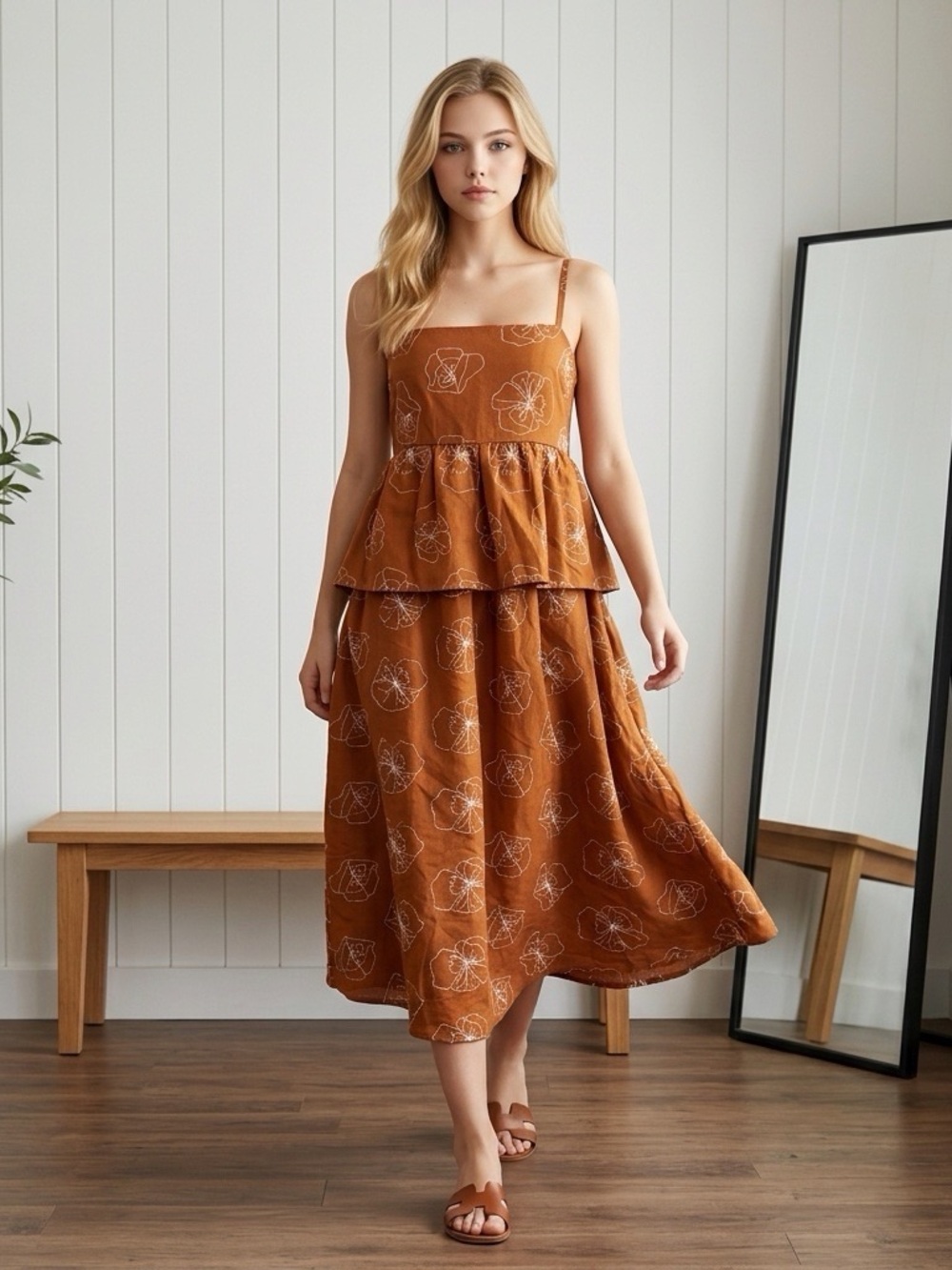 Rust Floral Tiered Dress with Spaghetti Straps